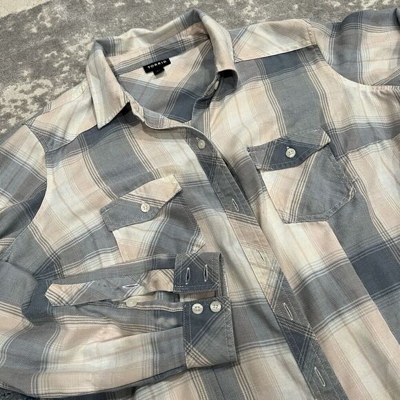 Torrid Button Down Up Womens Collar Long Sleeve Pink & Gray Plaid Size 00 - Picture 1 of 10